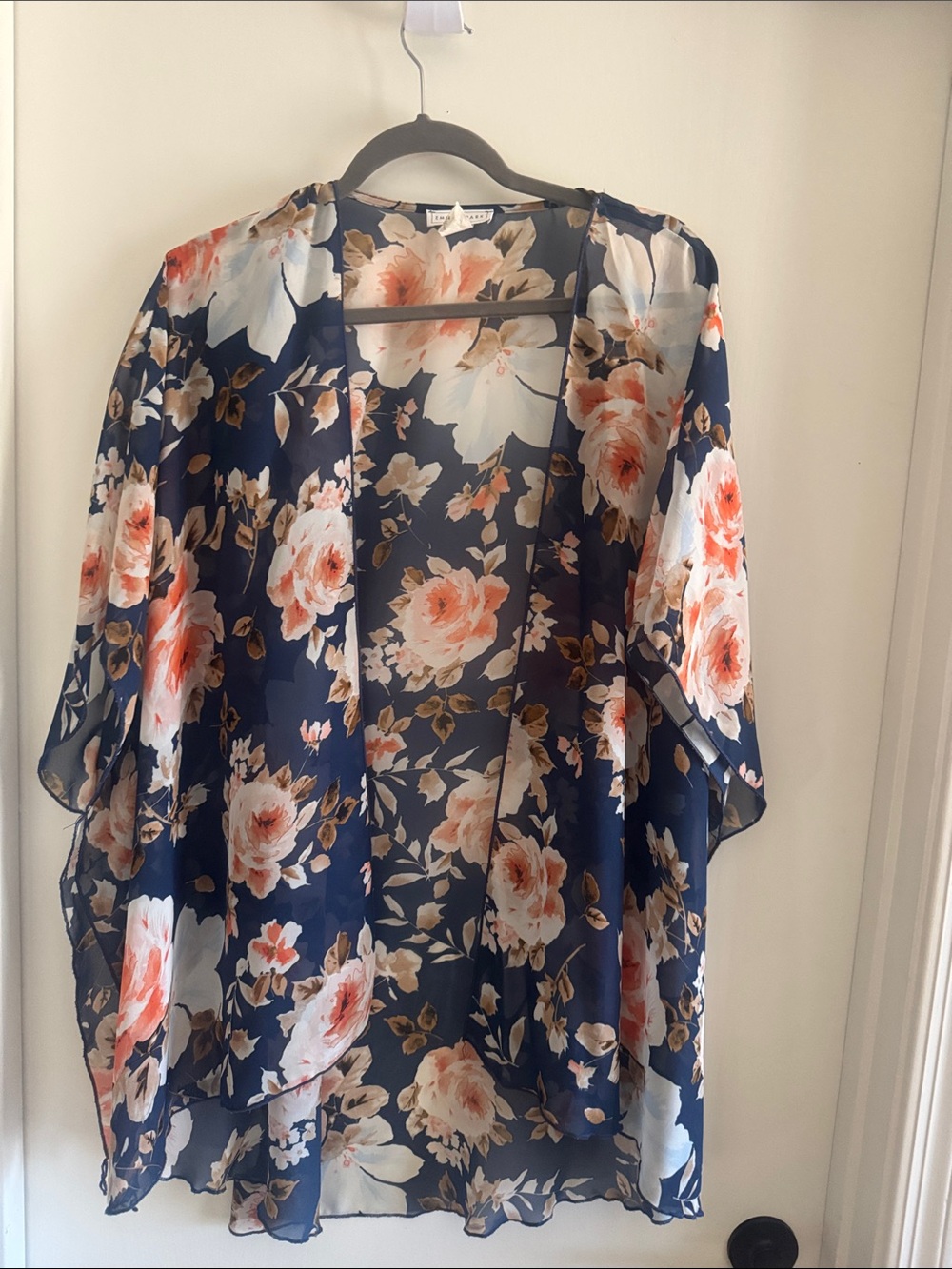 emory park Navy Floral Sheer Kimono Tunic with Coral Blooms
